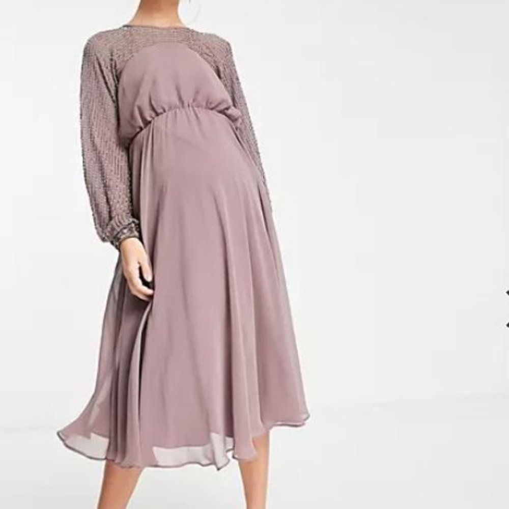 ASOS Design Maternity midi dress with linear yoke embellishment in mauve